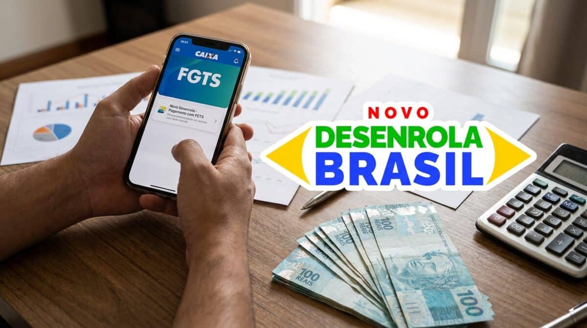 Homem segura celular com o aplicativo do FGTS aberto ao lado de cédulas, calculadora e a marca do Novo Desenrola Brasil.