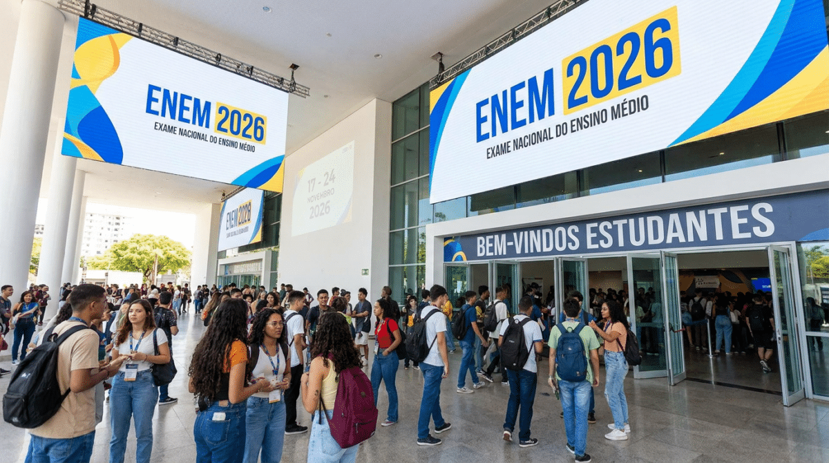 Dezenas de estudantes com mochilas reunidos na entrada de local de prova do ENEM 2026 sob banners azuis e amarelos.