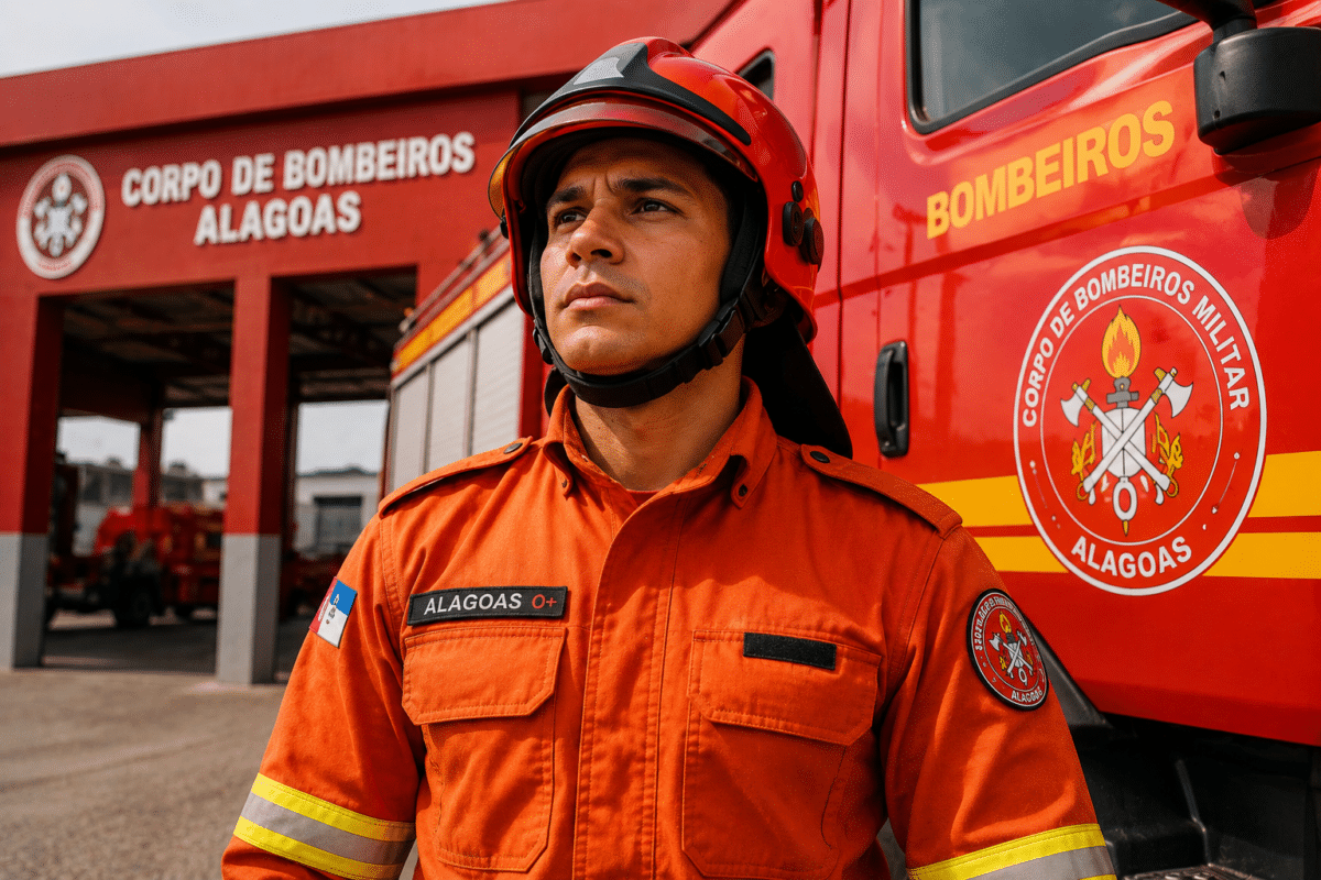 Bombeiro militar com uniforme laranja e capacete vermelho ao lado de viatura do Corpo de Bombeiros de Alagoas.