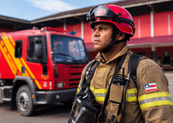 Bombeiro do CBM-BA com capacete vermelho e uniforme marrom, ao fundo caminhão vermelho e amarelo no quartel.