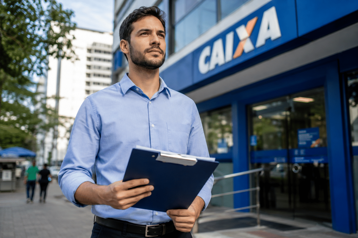 Homem jovem de camisa azul claro segurando prancheta azul em frente a fachada de agência da Caixa Econômica Federal.