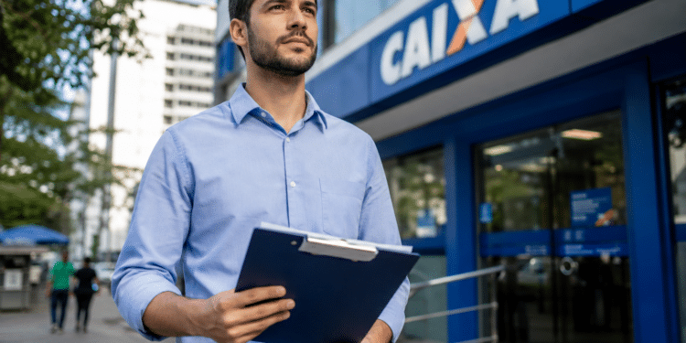 Homem jovem de camisa azul claro segurando prancheta azul em frente a fachada de agência da Caixa Econômica Federal.
