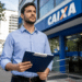 Homem jovem de camisa azul claro segurando prancheta azul em frente a fachada de agência da Caixa Econômica Federal.