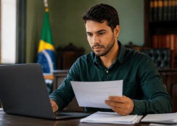 Homem de camisa verde-escura segura folha de papel enquanto olha para laptop em escritório com bandeira brasileira ao fundo.