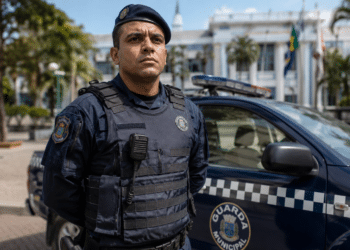 Guarda municipal fardado com colete balístico azul marinho ao lado de viatura com emblema da corporação.