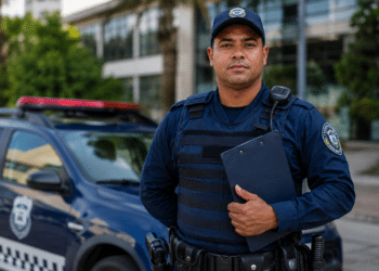 Guarda Civil Municipal fardado de azul marinho segurando prancheta preta ao lado de viatura com giroflex.