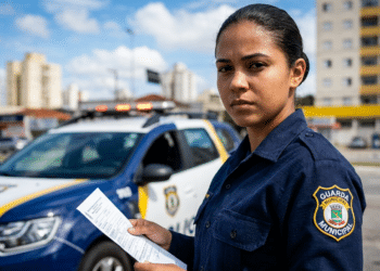 Agente da Guarda Municipal com uniforme azul segura documento de infração em frente a viatura Duster