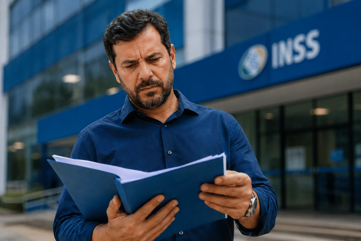 Homem de camisa azul marinho, barba grisalha, expressão preocupada, segura pasta azul com papéis diante do prédio do INSS.