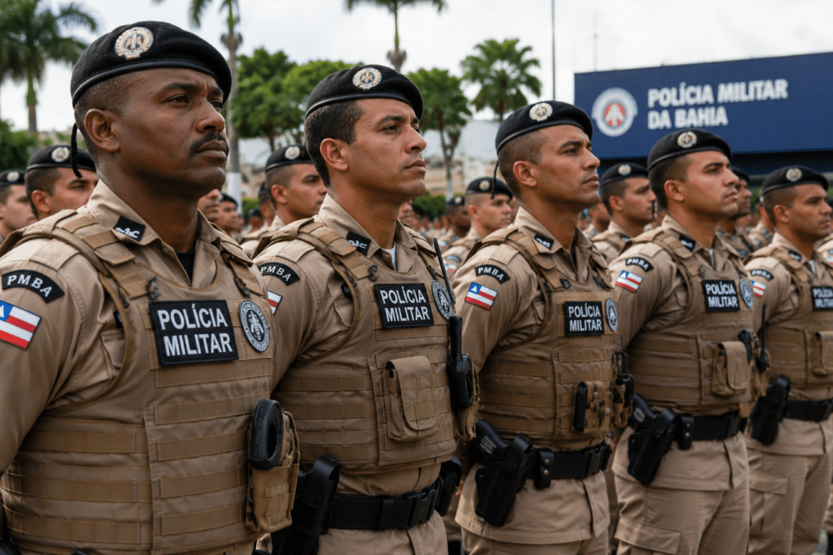 Soldados da PMBA perfilados usando uniforme bege com colete tático, boina preta e distintivos da bandeira da Bahia.