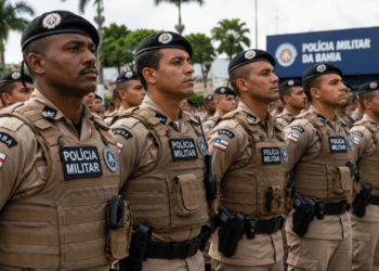 Soldados da PMBA perfilados usando uniforme bege com colete tático, boina preta e distintivos da bandeira da Bahia.
