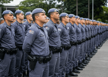 Soldados da Polícia Militar de SP enfileirados com uniformes azuis e boinas durante cerimônia de formatura.