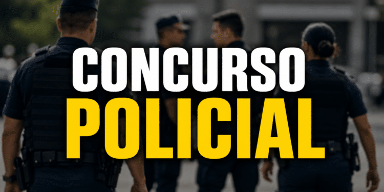 Quatro policiais fardados de costas em ambiente urbano com texto "CONCURSO POLICIAL" em destaque.