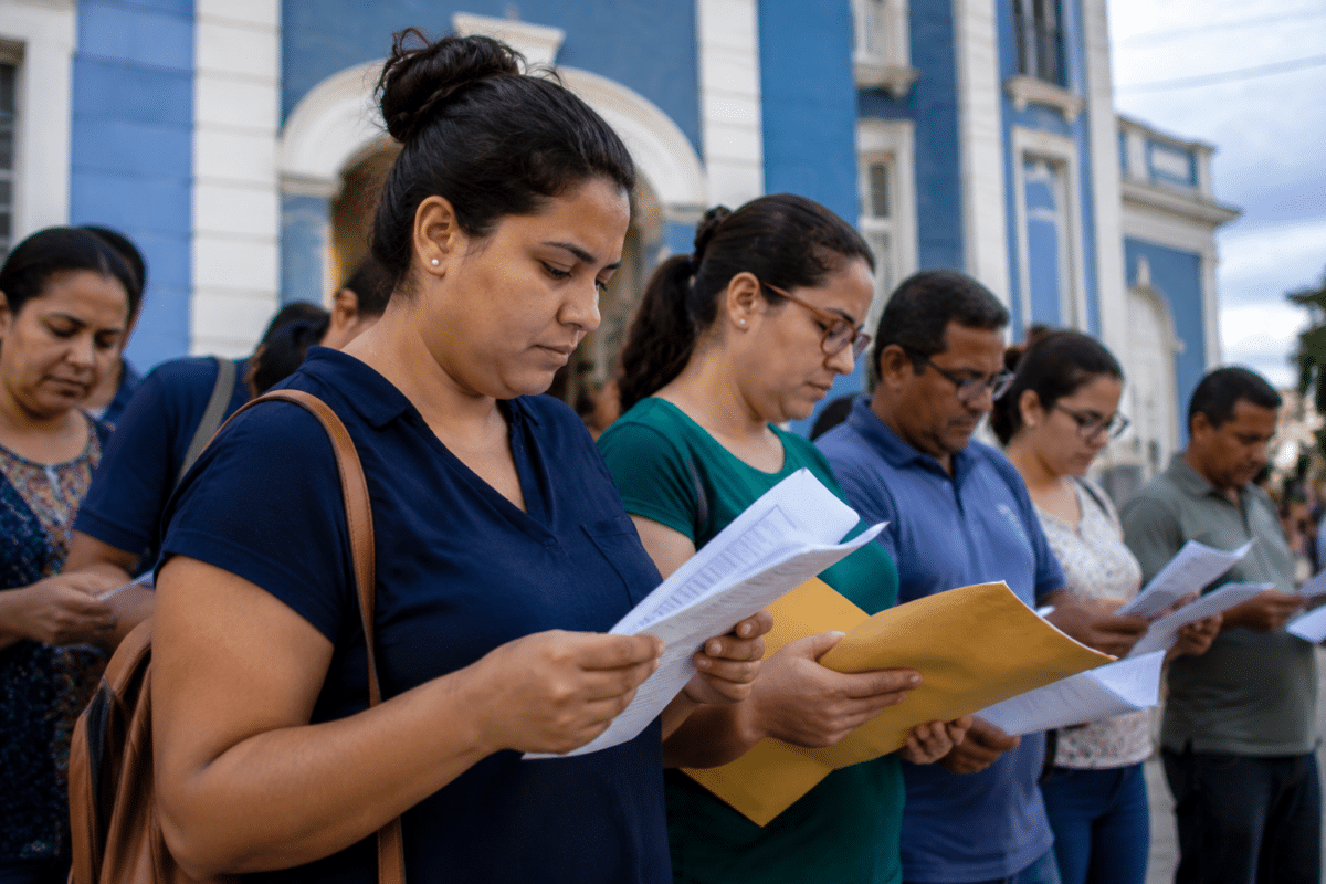 Grupo de pessoas lendo folhas e envelopes amarelos em fila externa junto a prédio colonial azul e branco.