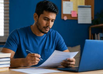 Homem jovem de camiseta azul analisa documento com caneta na mão, ao lado de notebook e livros empilhados.