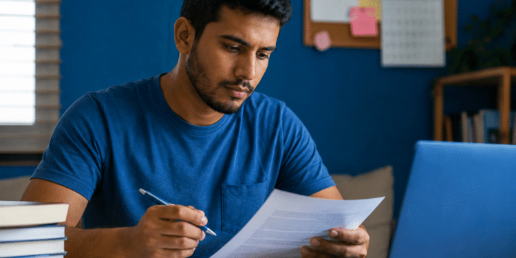 Homem jovem de camiseta azul analisa documento com caneta na mão, ao lado de notebook e livros empilhados.