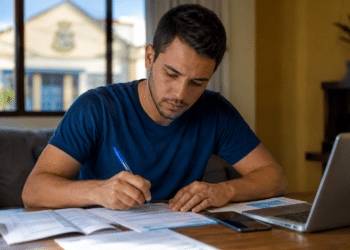 Homem de camiseta azul escrevendo com caneta em documentos ao lado de notebook e celular em mesa de madeira.