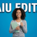 Estudante negra sorridente com cabelos cacheados segura caderno verde e caneta, com texto "SAIU EDITAL" ao fundo azul.