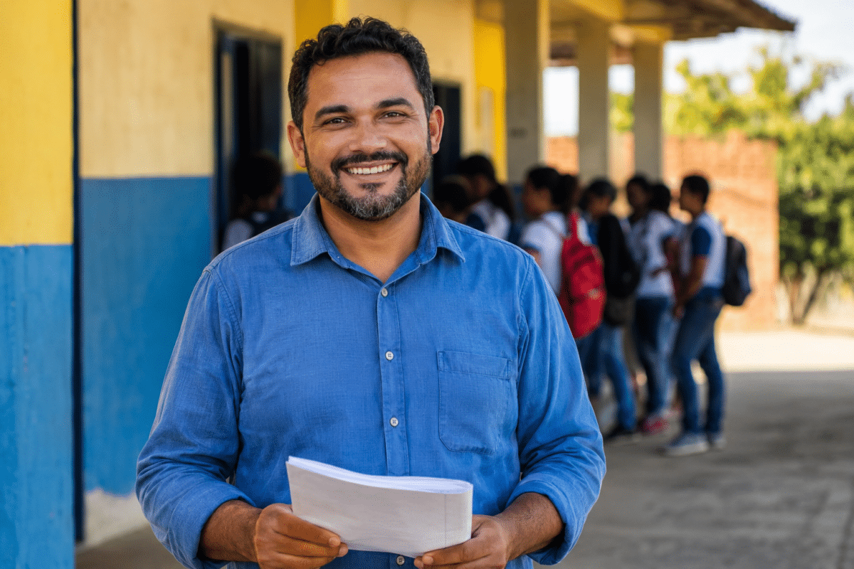 Professor de camisa azul segura folhas de papel enquanto sorri, com alunos uniformizados ao fundo em pátio escolar.