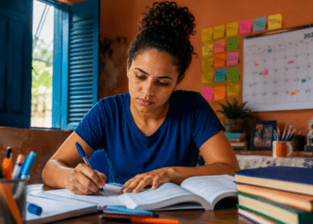 Mulher jovem de cabelos cacheados presos escreve em caderno com caneta azul, livros empilhados e calendário 2026 ao fundo.