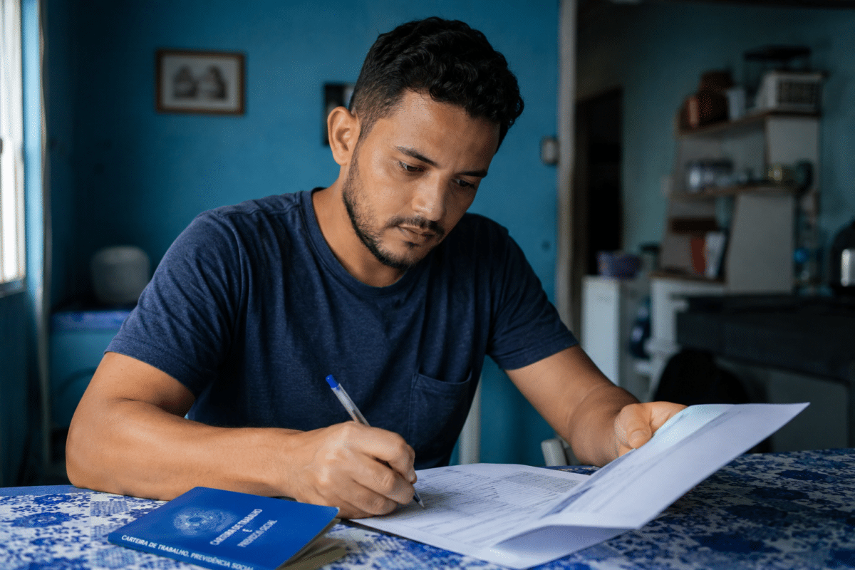 Homem de camiseta azul escreve em documentos com caneta, carteira de trabalho azul da Previdência Social visível.