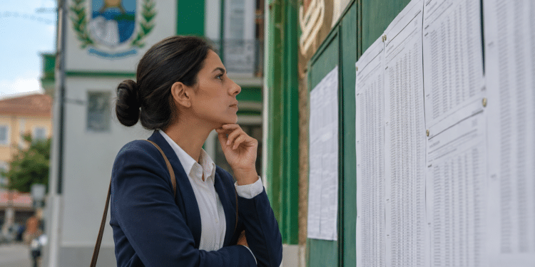 Mulher de blazer azul e camisa branca analisa lista de aprovados fixada em mural verde de prédio público.