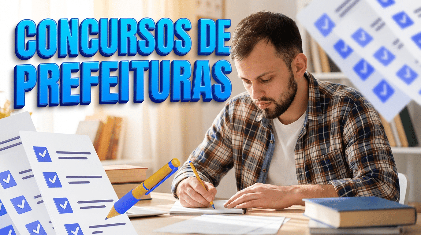 Homem de barba e camisa xadrez escreve em caderno estudando para concursos de prefeituras, com checklists ao redor.