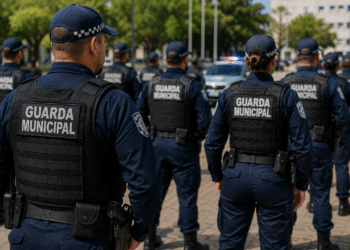 Guardas municipais de costas com coletes pretos e uniformes azul-marinho em formação, viatura policial ao fundo.