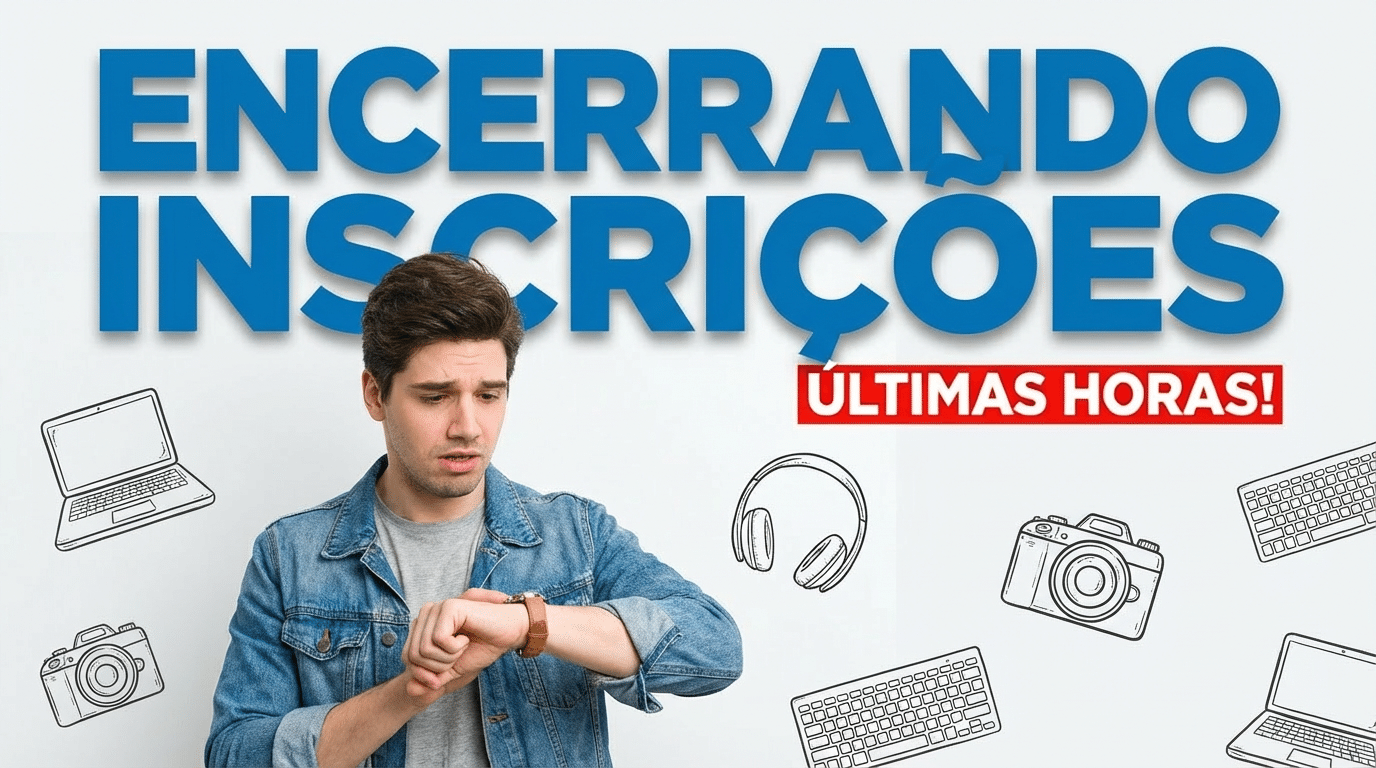 Jovem de jaqueta jeans olha relógio com expressão preocupada, cercado por ícones de tecnologia e texto "Encerrando Inscrições"