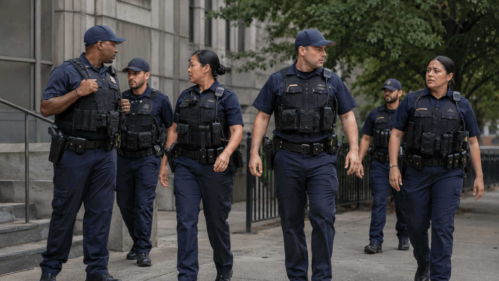 Seis policiais em uniformes azul-marinho com coletes táticos e bonés caminham em formação em área urbana.