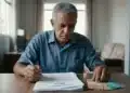 Idoso analisando contrato e dinheiro sobre a mesa após novas regras do consignado do INSS para contratações em 2026.