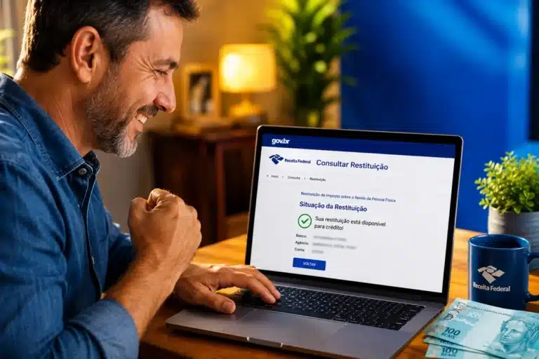 Homem consultando restituição do Imposto de Renda em notebook, com expressão de satisfação, em ambiente iluminado, representando a consulta ao maior lote de 2026.