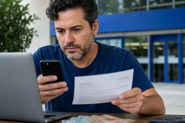 Contribuinte utilizando smartphone para consultar a restituição do Imposto de Renda enquanto analisa documentos e utiliza o computador, representando a consulta ao primeiro lote liberado hoje (22).