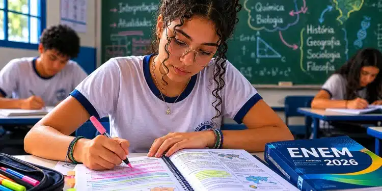 Estudante revisando conteúdos do Enem 2026 em sala de aula, representando os temas que não podem ficar de fora da preparação.