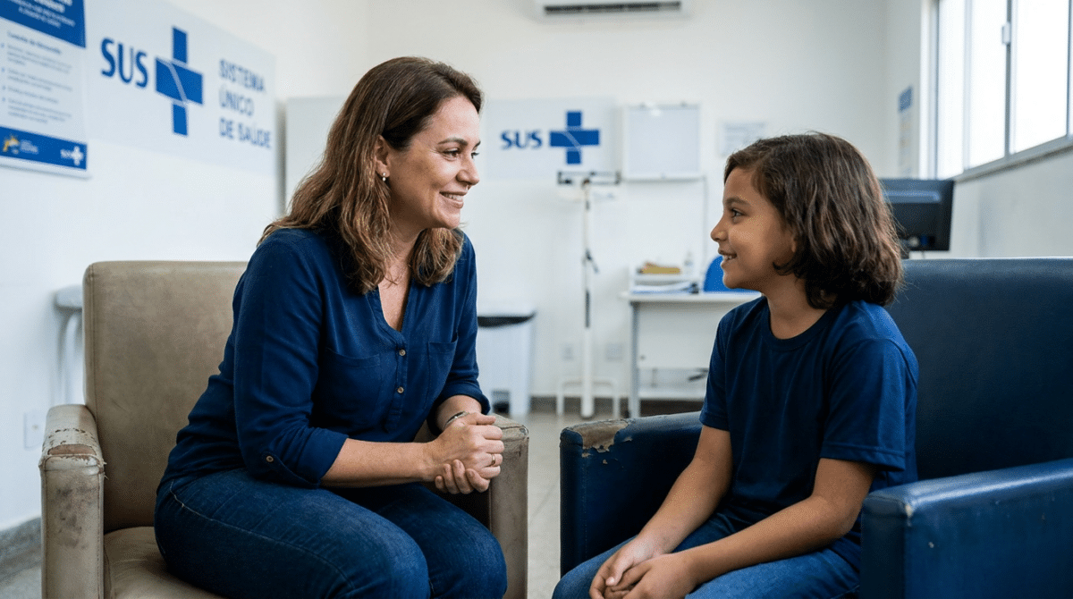 Imagem ilustrativa de profissional do SUS conversando com uma criança, em referência ao atendimento de saúde mental garantido pela Lei nº 15.413