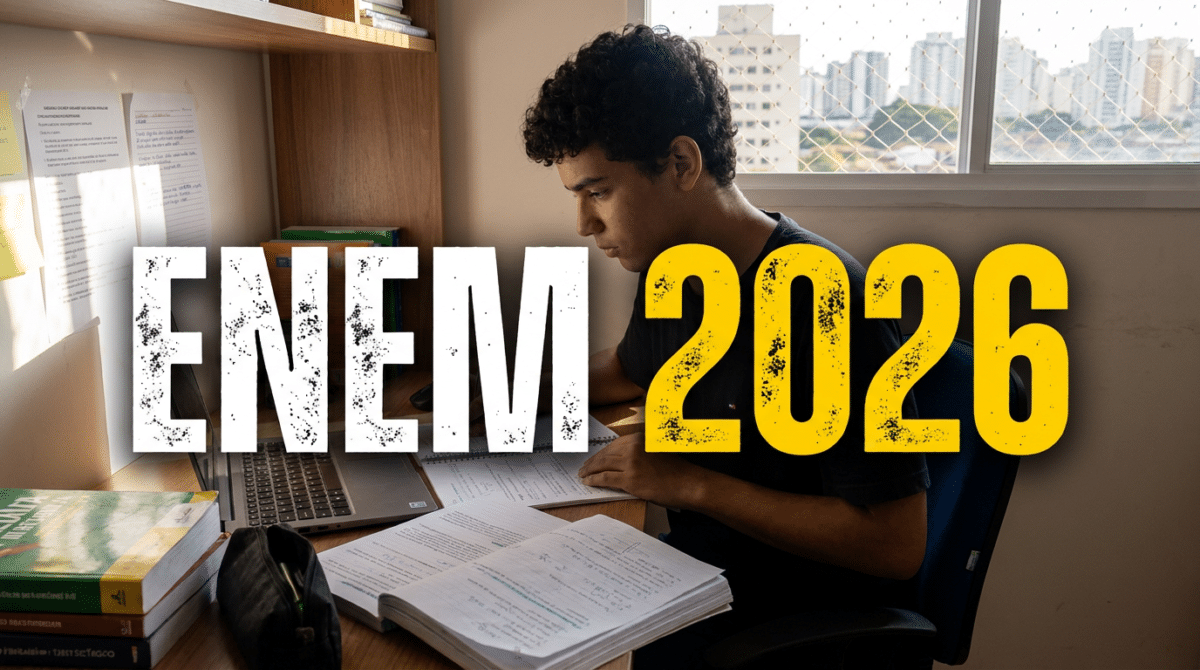 Jovem de cabelos cacheados estuda em mesa com livros, cadernos, notebook e texto "ENEM 2026" sobreposto.