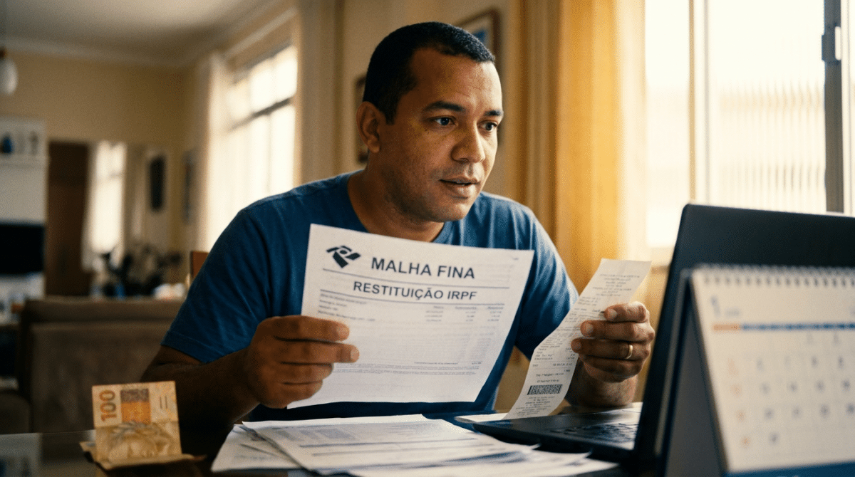 Contribuinte analisa documentos da restituição do IRPF em casa, em referência ao 1º lote do Imposto de Renda 2026.