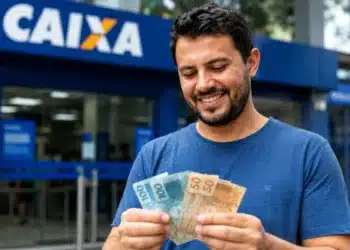 Homem segurando cédulas em frente a agência da Caixa, representando a confirmação de depósitos de até R$ 1.078,01 para CPFs finais 0 a 9.