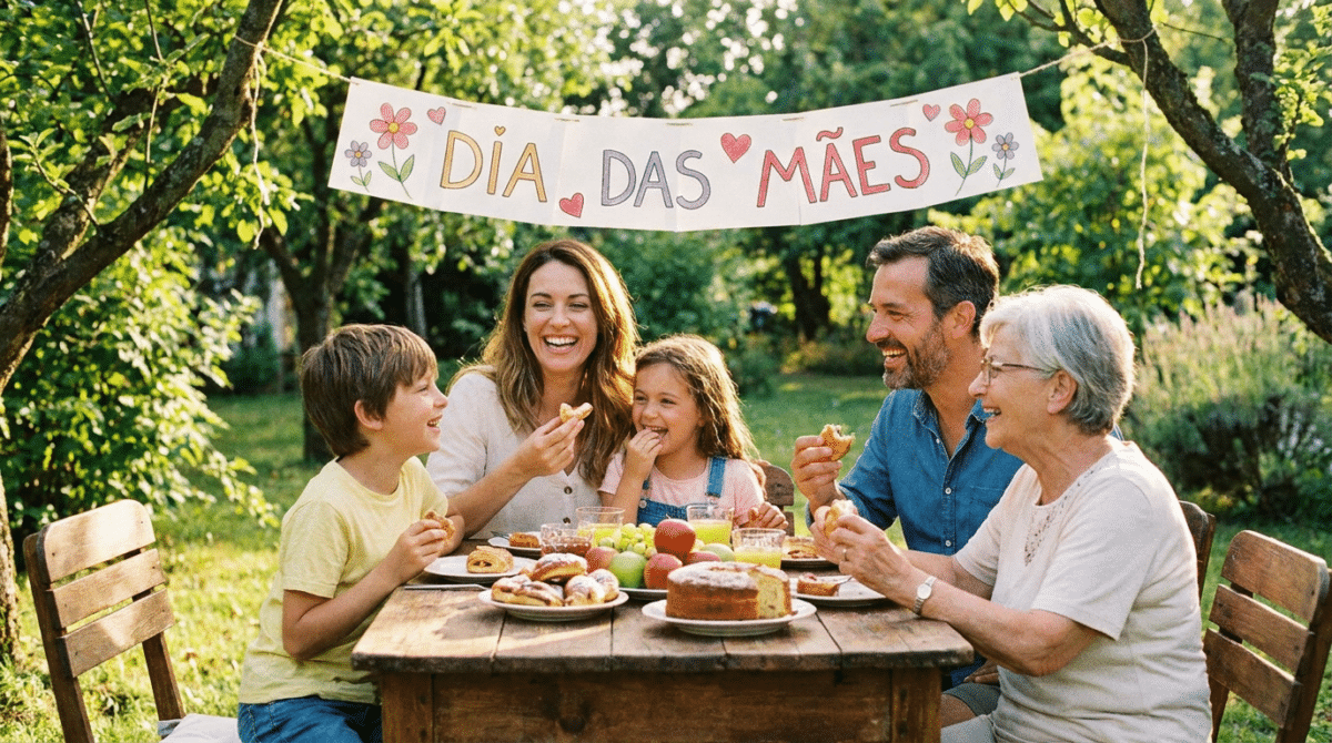 Família com três gerações sorri em volta de mesa rústica com bolos, frutas e suco, sob faixa escrita Dia das Mães.