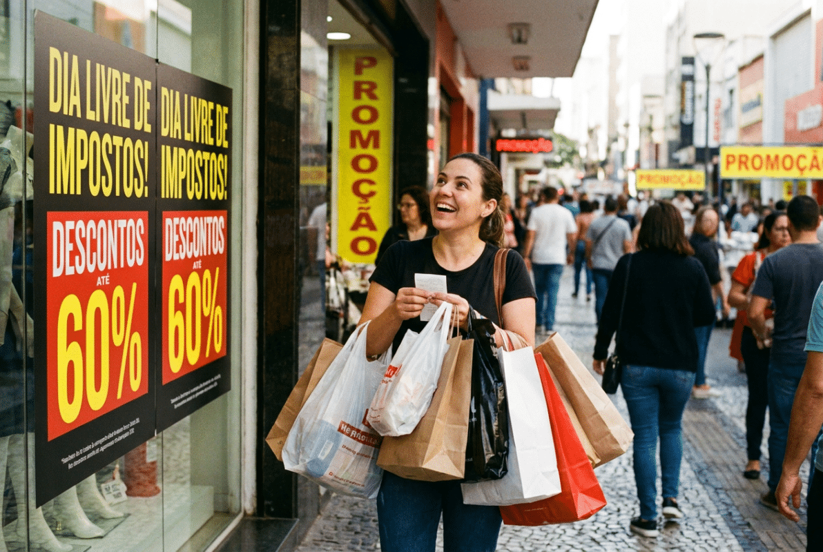 Mulher sorri com várias sacolas de compras nas mãos diante de vitrine com cartazes do Dia Livre de Impostos e descontos de até 60%.