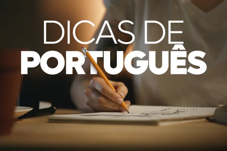 Pessoa escrevendo em caderno com lápis sobre destaque "Dicas de Português", simbolizando o aprendizado de regras gramaticais para concursos.
