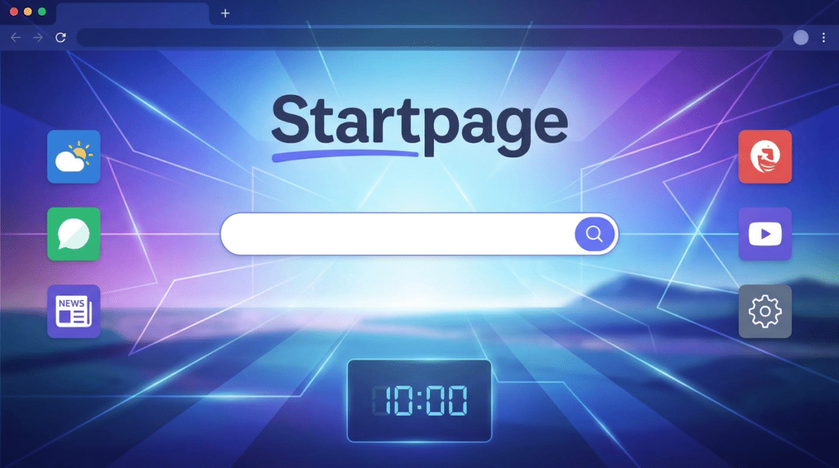 Tela do navegador com página Startpage, barra de busca central, relógio digital e ícones de atalhos.
