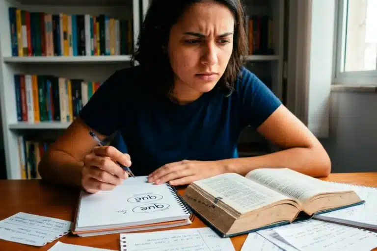 Estudante brasileira analisando a diferença entre “que” e “quê” enquanto consulta um livro de gramática em uma mesa de estudos, representando a dúvida sobre o uso correto dessas palavras.