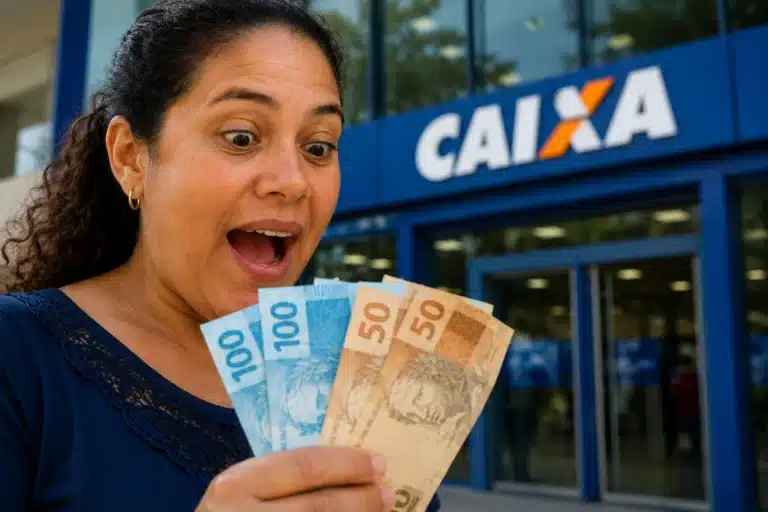 Mulher se surpreendendo ao segurar cédulas de reais em frente a uma agência da CAIXA, representando a liberação de R$ 6.220.