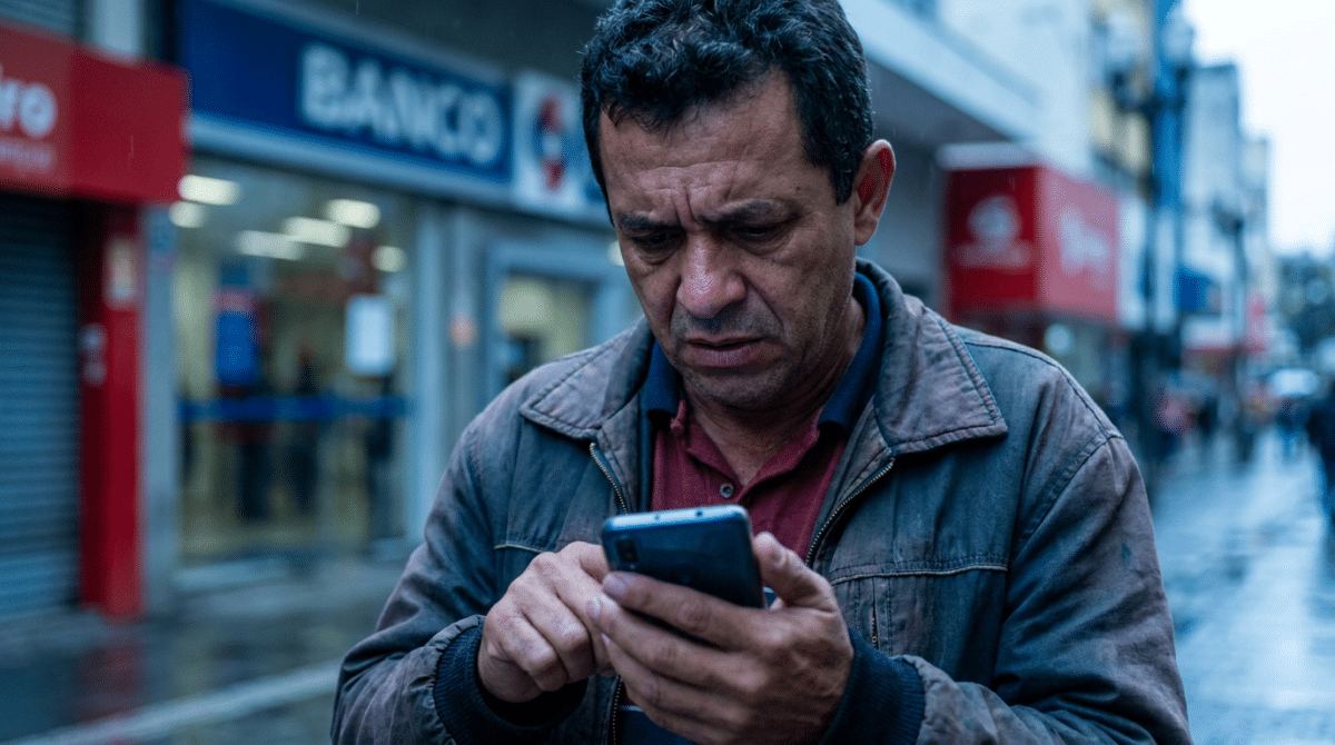 Homem de meia-idade observa tela do celular com expressão de preocupação em frente à fachada de agência bancária em dia chuvoso