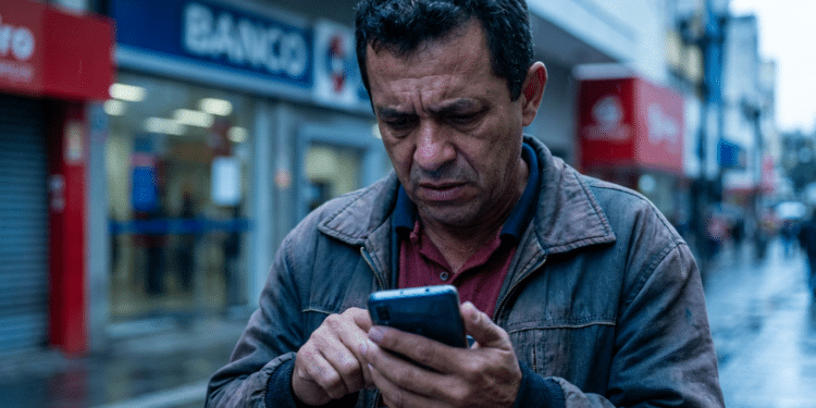 Homem de meia-idade observa tela do celular com expressão de preocupação em frente à fachada de agência bancária em dia chuvoso