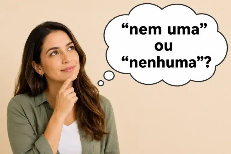 Mulher adulta pensativa olhando para balão de pensamento, representando a dúvida entre “nem uma” e “nenhuma” na língua portuguesa.