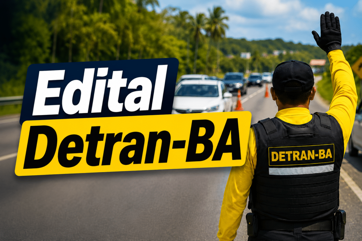 Agente do DETRAN-BA com camisa amarela e colete preto sinalizando parada para veículos em rodovia