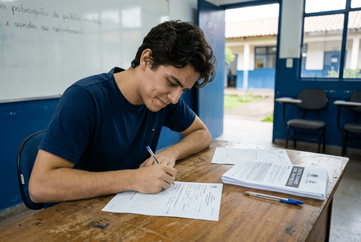 : Estudante preenche ficha de inscrição em sala de aula com cadernos e materiais sobre a mesa