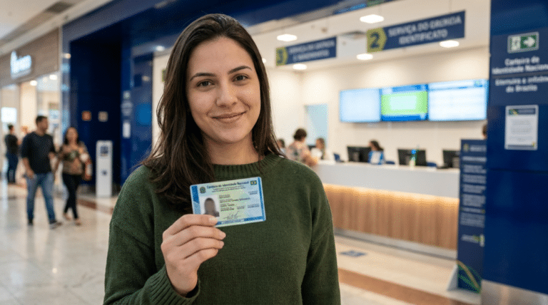 Mulher de blusa verde sorri segurando a nova Carteira de Identidade Nacional diante dos guichês de atendimento em centro comercial