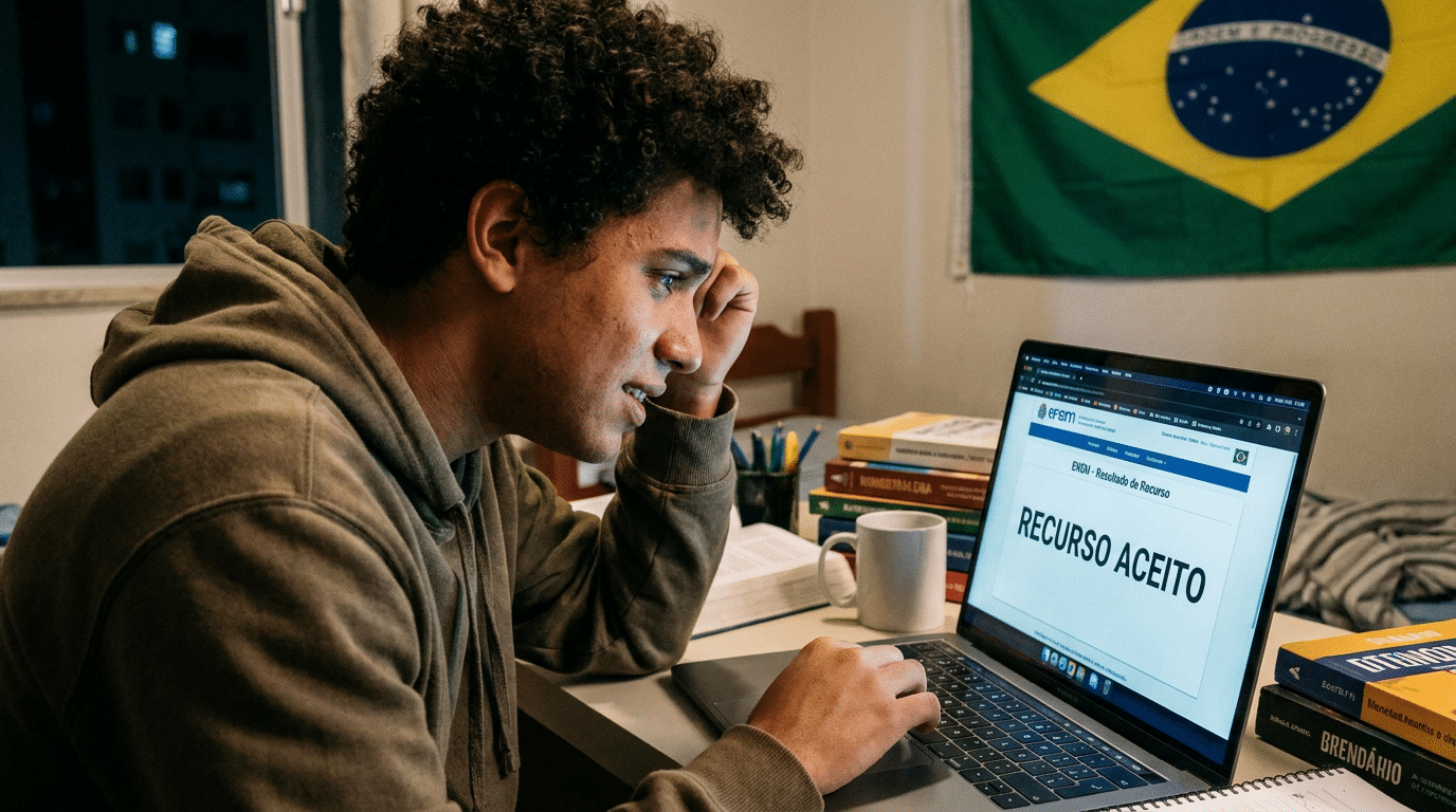 Jovem de cabelos crespos com moletom verde olha emocionado para laptop mostrando "RECURSO ACEITO" no site do ENEM.